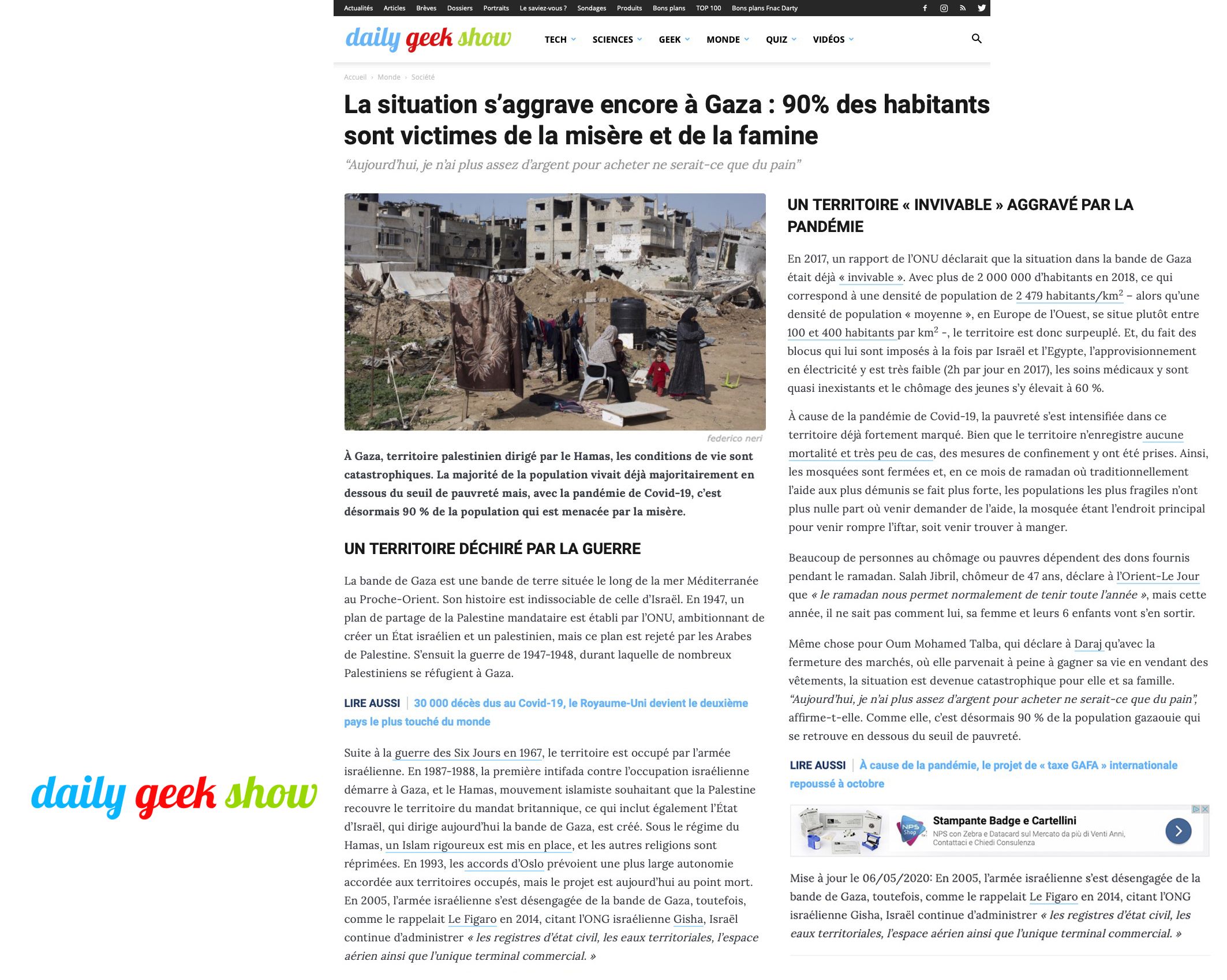 Immagine per un articolo sulla Striscia di Gaza per il blog francese Daily Geek Show